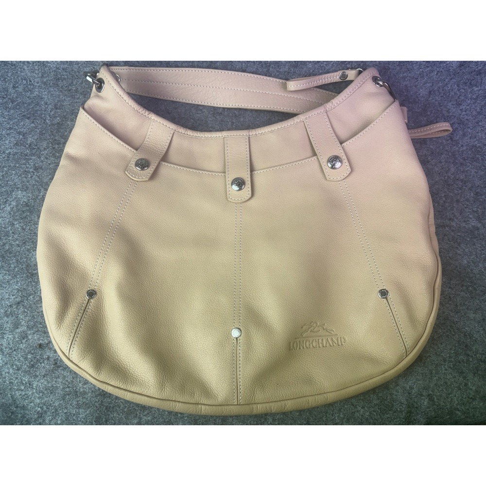 Longchamp Hobo Bag Womens Large Beige Leather Shoulder Purse Slouchy Logo